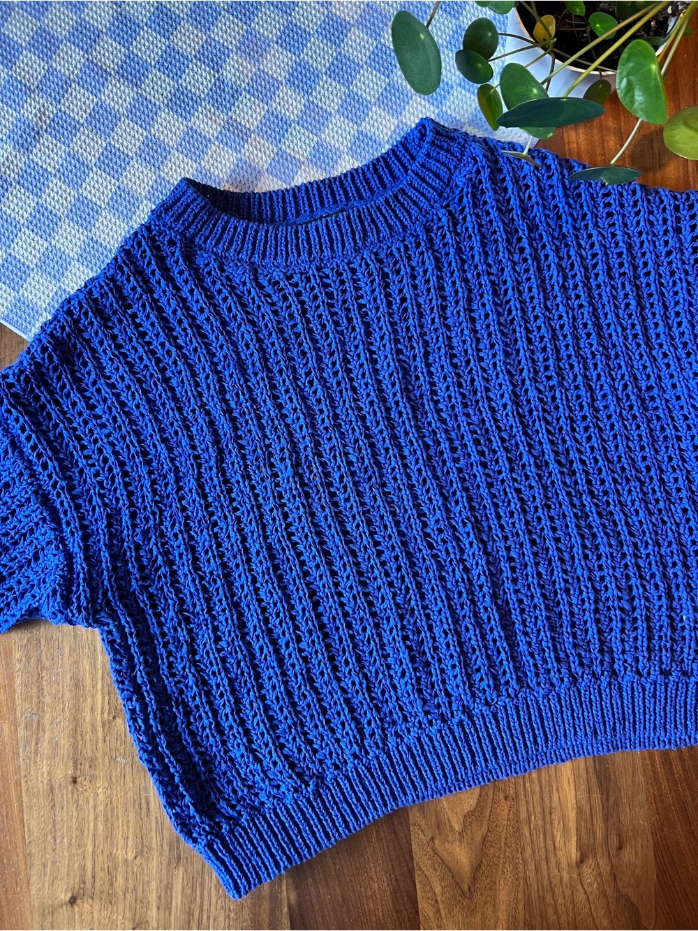 Zara Royal Blue Open-Knit Crewneck Sweater